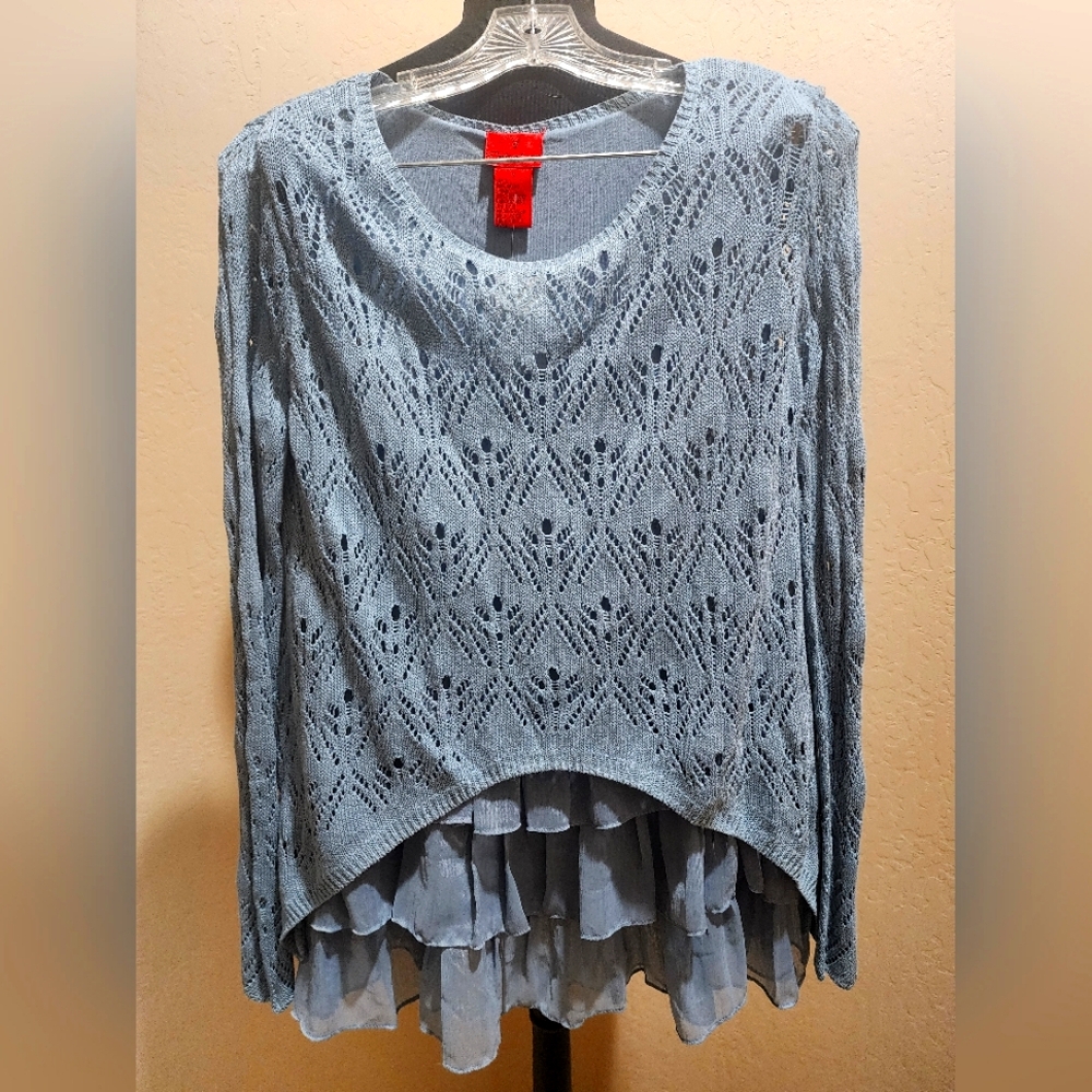 V Christina Blue Lace Knit Sweater with Ruffle Under top M NWT